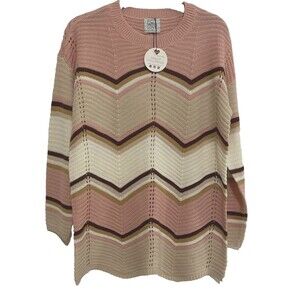 Sweater Women's Size 1X Striped Pink Tan Long Sleeve Crew Neck‎